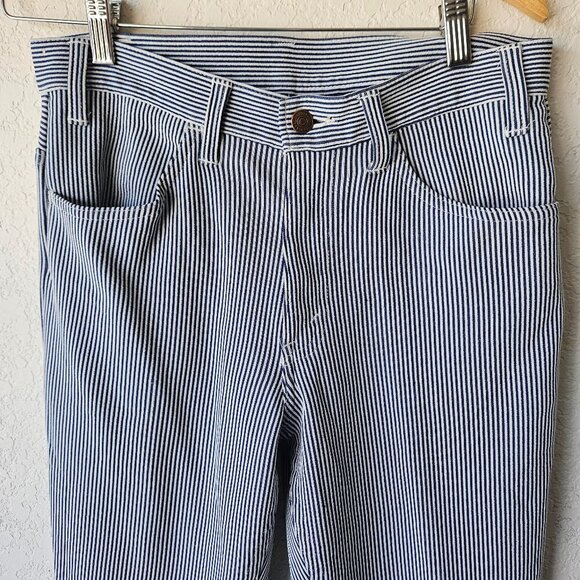Vintage 60s 70s Levi's Big E StaPrest Flare Disco Blue Striped Pants Jeans 30x30 - Picture 2 of 8